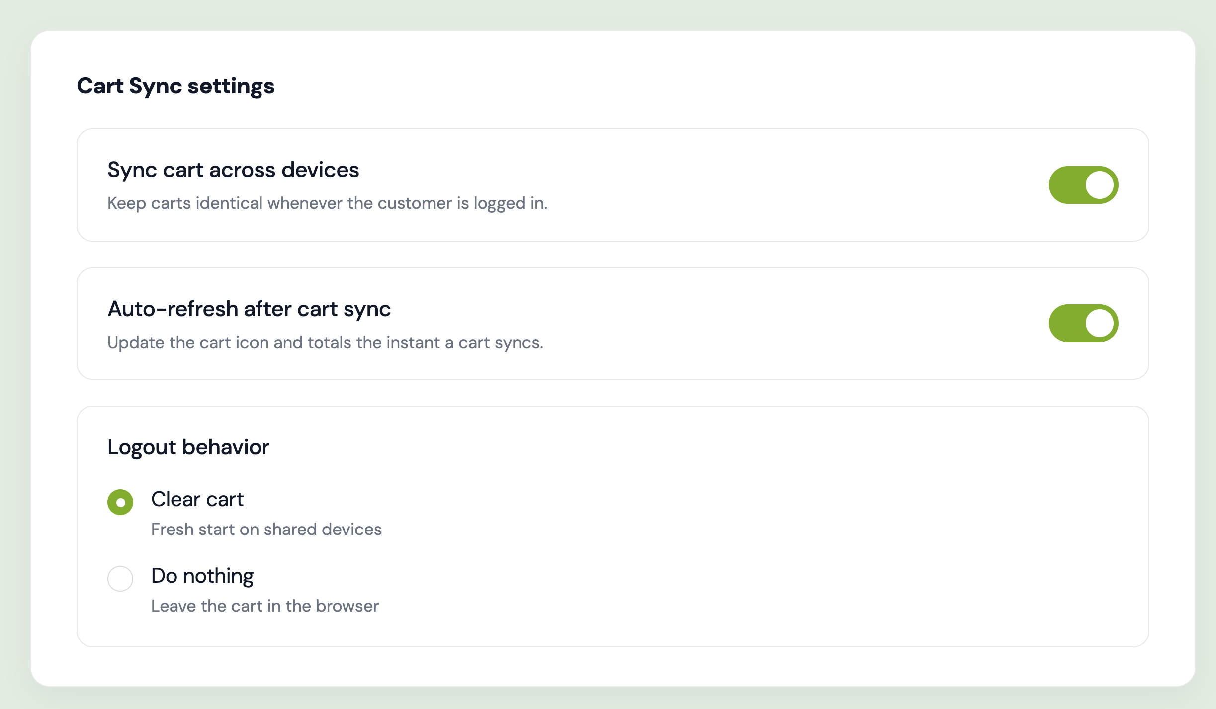 Cart Sync settings